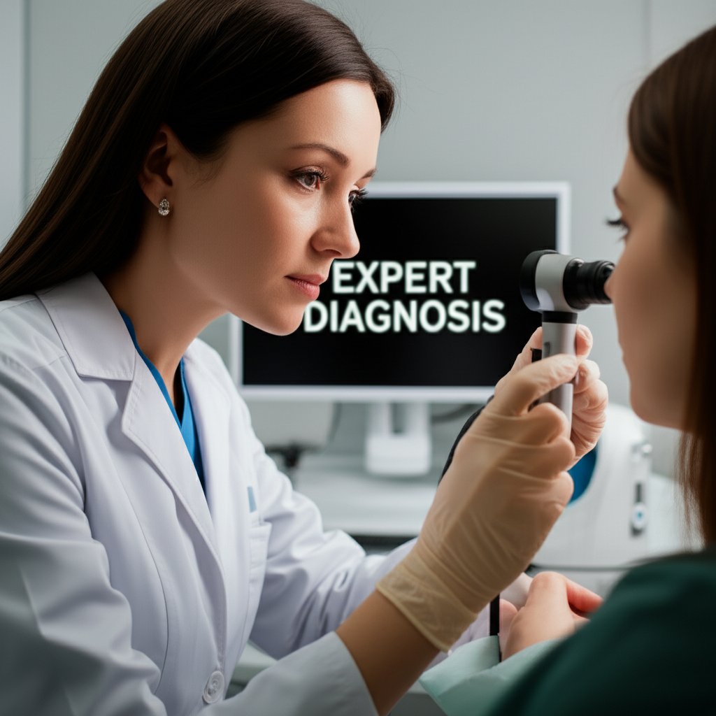 An illustrative image about: A compassionate, skilled female dermatologist, mid-40s, meticulously examining a patient's skin with