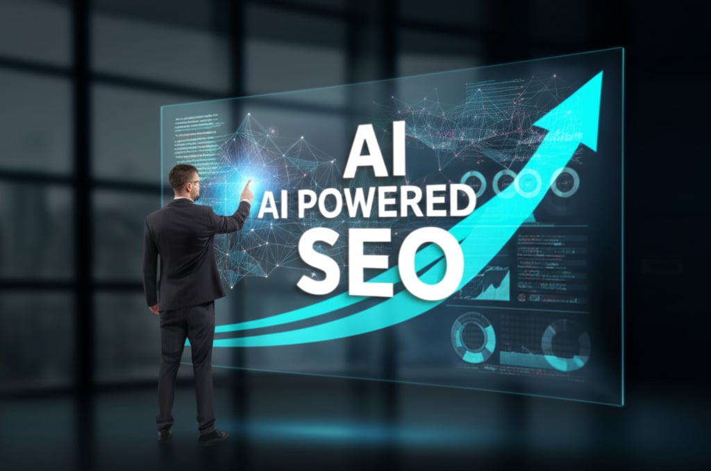 An illustrative image about: A futuristic, vibrant image of a skilled SEO professional standing confidently in front of a large, 
