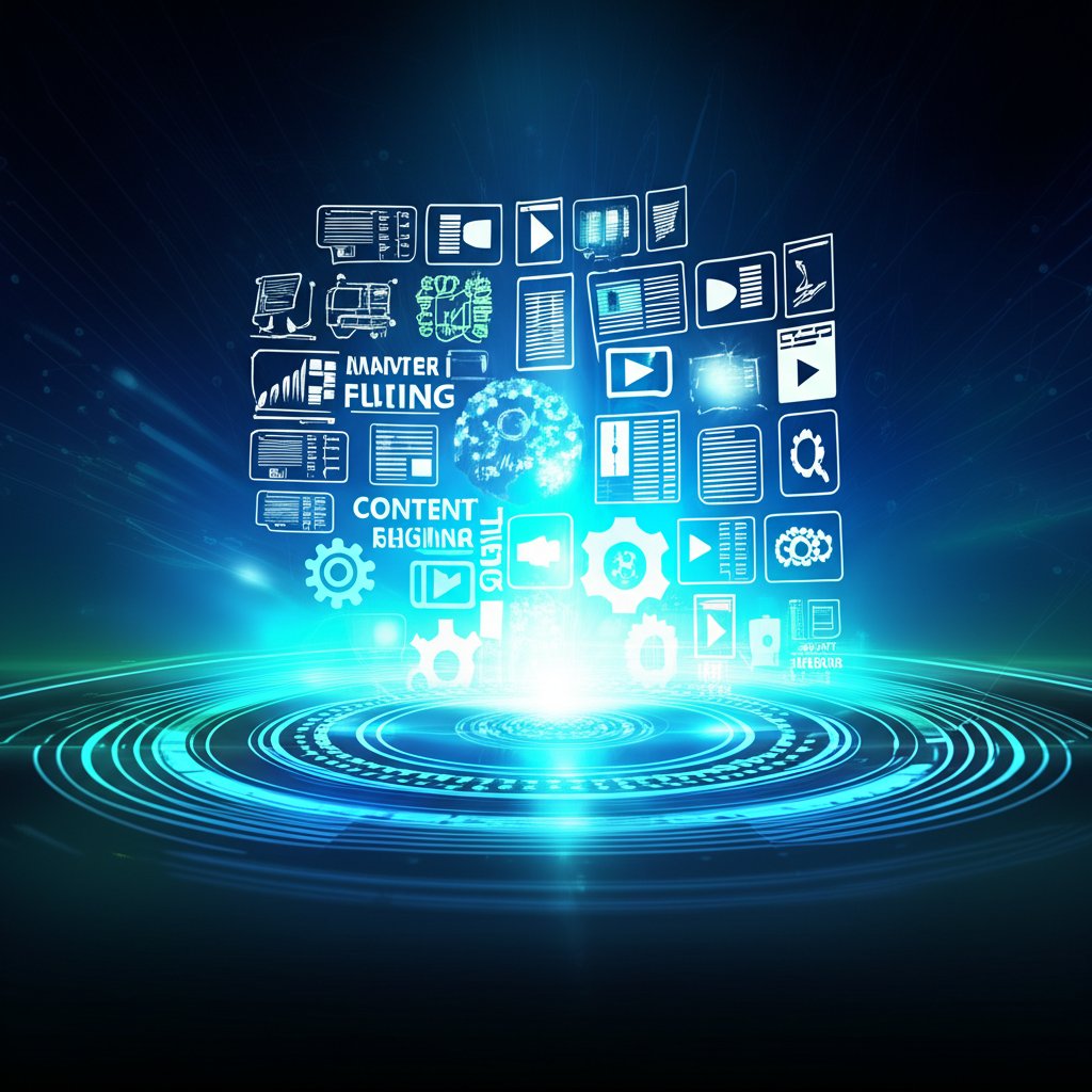 An illustrative image about: A high-tech, glowing digital 'content engine' with interwoven gears and data streams, seamlessly gen