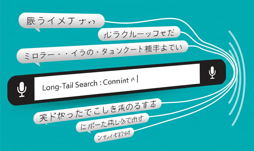 Abstract visual of a complex Japanese long-tail query with voice input and winding path of mixed characters.
