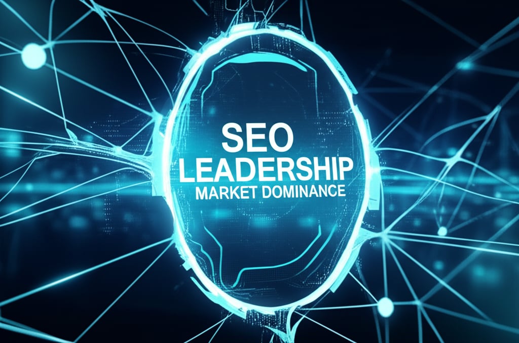 An illustrative image about: A futuristic, multi-stage AI neural network glowing with digital energy. Large, bold text "SEO LEADE