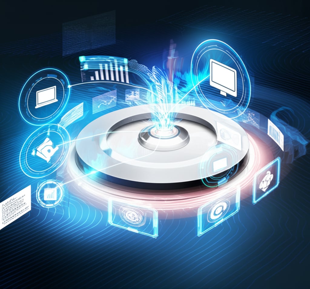 A vibrant, futuristic AI content flywheel generates digital content, surrounded by holographic displays showing predictive analytics.