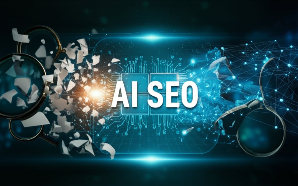 Digital landscape: crumbling SEO tools are overtaken by glowing AI neural networks, an AI brain symbol, and AI SEO text.