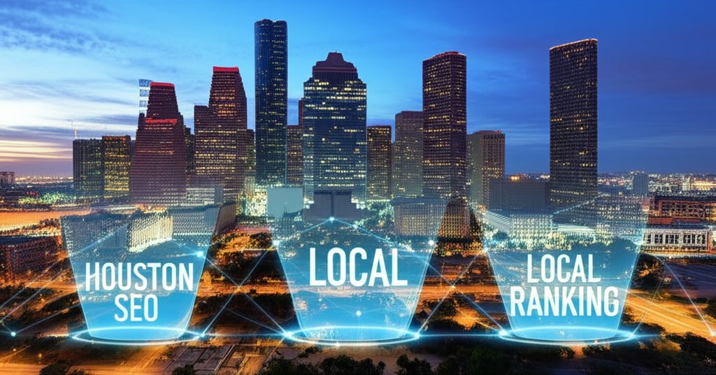 An illustrative image about: A dramatic, high-angle cinematic shot of the Houston skyline at dusk, with four distinct, glowing di