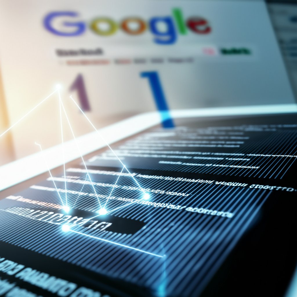 A digital illustration shows AI optimizing SEO elements like keywords and meta descriptions, with a faint Google #1 ranking.