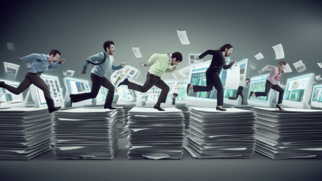 In a muted wide shot, exhausted content creators run on a treadmill of paper and screens, trailing generic digital content.