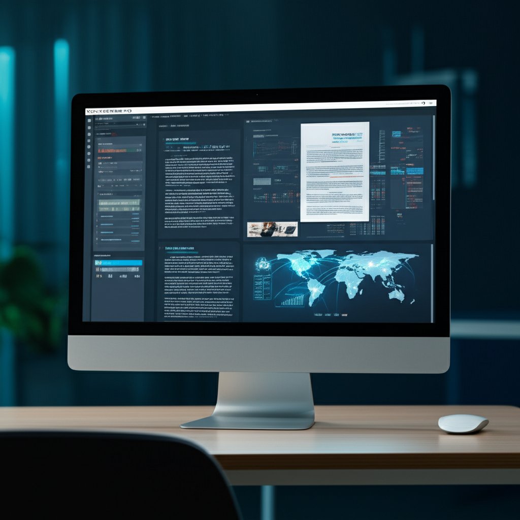 A vibrant, futuristic AI content creation interface showing an SEO article, a generated image, and multilingual global connections.
