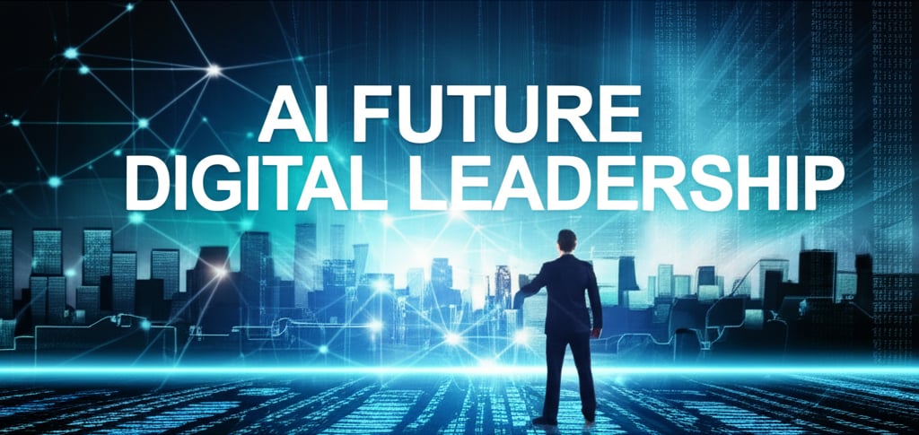 Expert guidance steers a glowing AI network toward a bright digital city, featuring AI FUTURE and DIGITAL LEADERSHIP text.