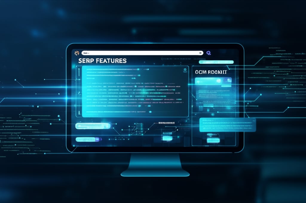 An illustrative image about: A stylized, clean, and modern search engine results page (SERP) with various, brightly lit and organ
