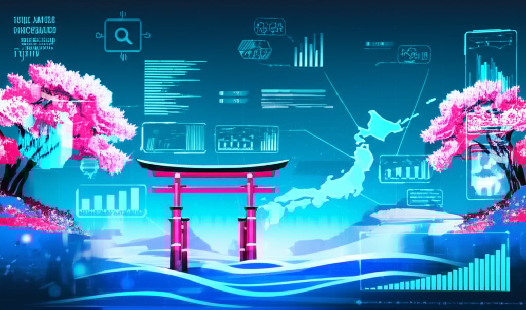 Futuristic digital landscape blending AI, data streams, torii gates, and cherry blossoms, showcasing Japan's tech evolution.