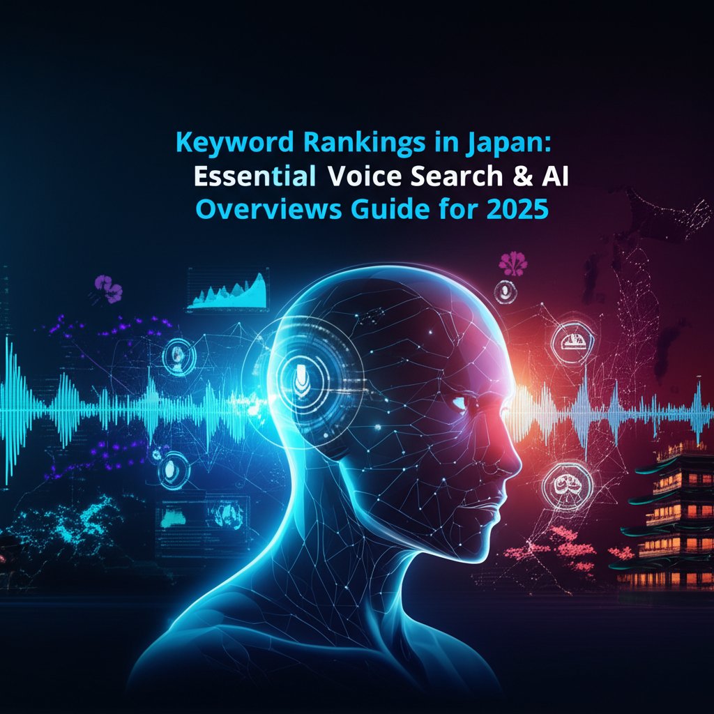 A futuristic AI head, glowing voice search data, and Japanese elements with the title 'Keyword Rankings in Japan'.