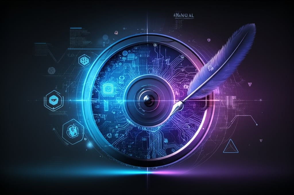 A vibrant, surreal content flywheel blends glowing neon AI circuits with a quill pen and organic lines, symbolizing digital-manual synergy.