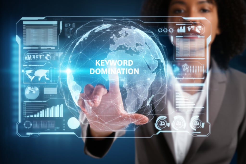 An illustrative image about: A futuristic AI interface displaying intricate data visualizations of keywords and search intent, gl
