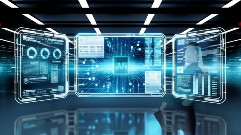 A content strategist in a sleek control room uses AI-powered holographic screens to optimize a blog post outline.