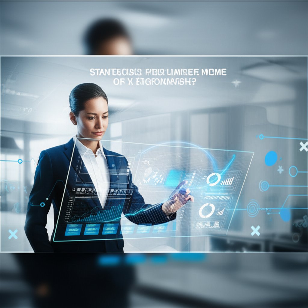 A confident leader reviews a transparent dashboard with upward SEO graphs and glowing AI data, surrounded by modern geometric shapes.