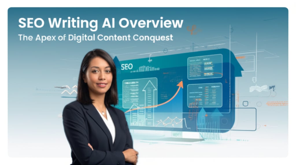 A confident professional interacts with a holographic display showing SEO data graphs and text 'The Apex of Digital Content Conquest' on a modern grid.