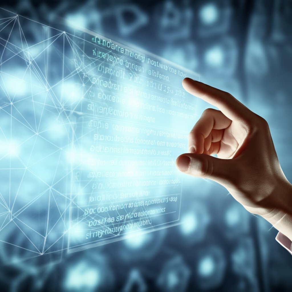 An illustrative image about: A close-up, high-tech shot of a human hand making precise edits on a holographic display, where line