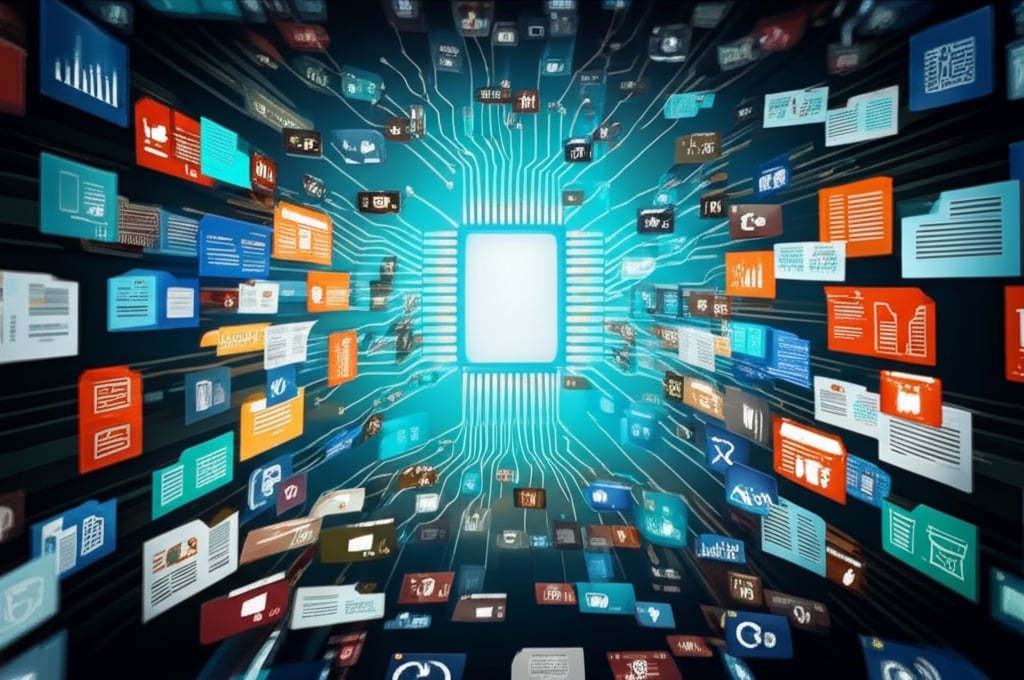 An illustrative image about: A dynamic, wide-angle shot of a sophisticated AI engine rapidly creating thousands of unique, target