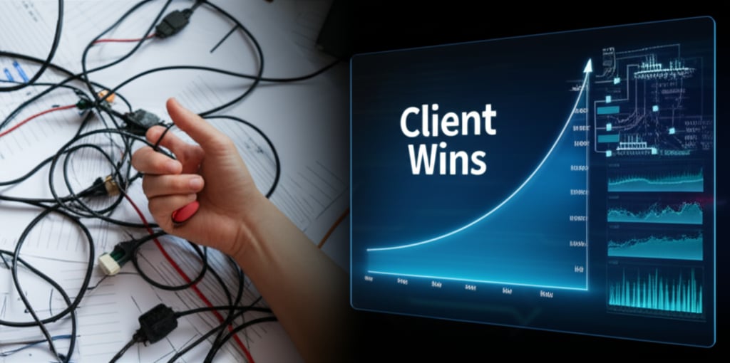 Split image: a hand with tangled wires contrasts with an AI interface featuring Client Wins and an upward trend graph.