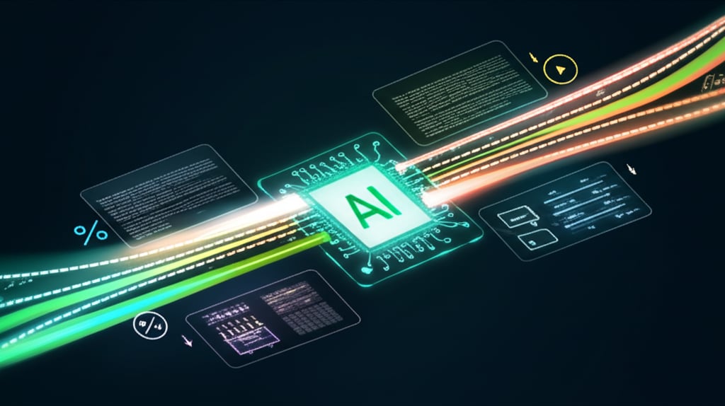 An illustrative image about: A futuristic, sleek AI system efficiently generating and repurposing diverse content formats (blog p